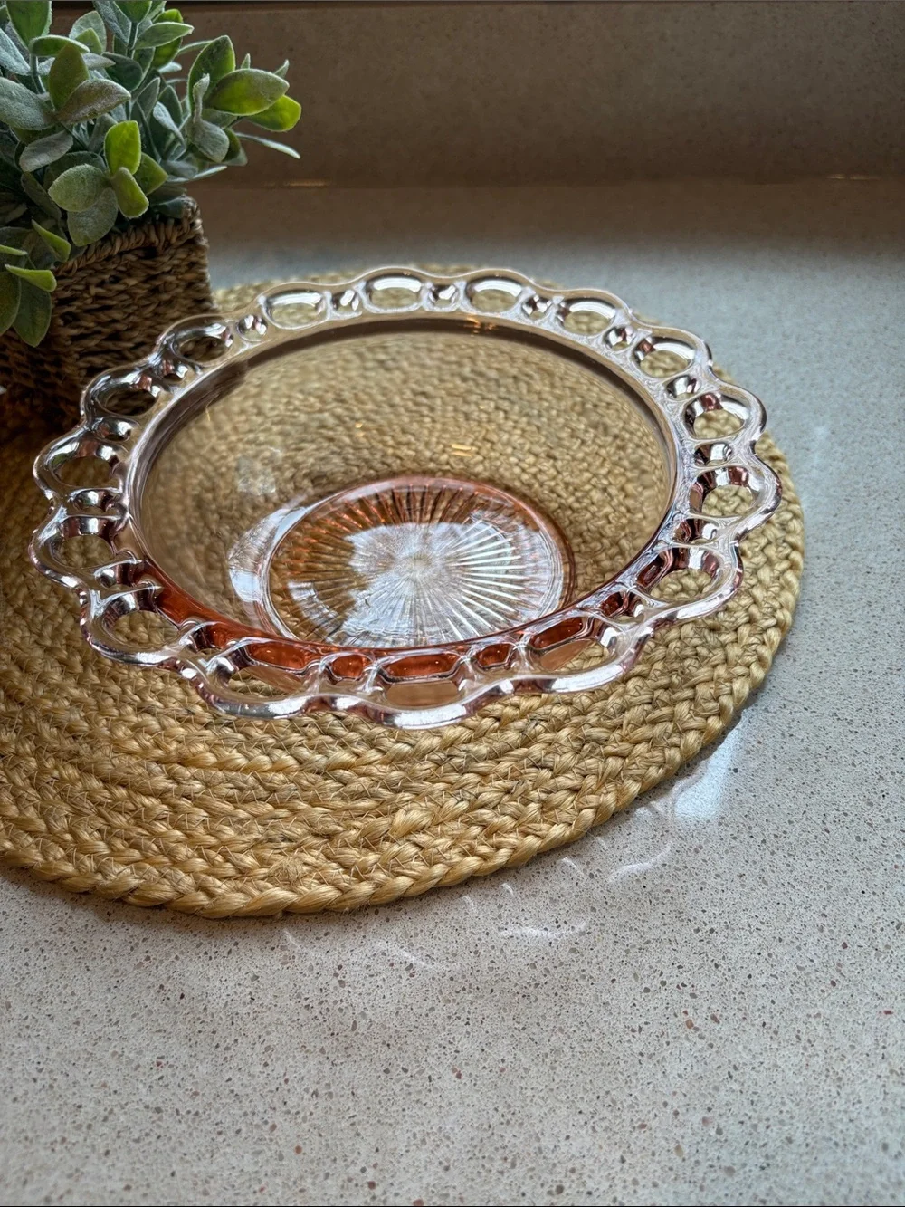 (2) Pink Depression Glass Lace Edge Bowls - Hocking Glass Co 1930s